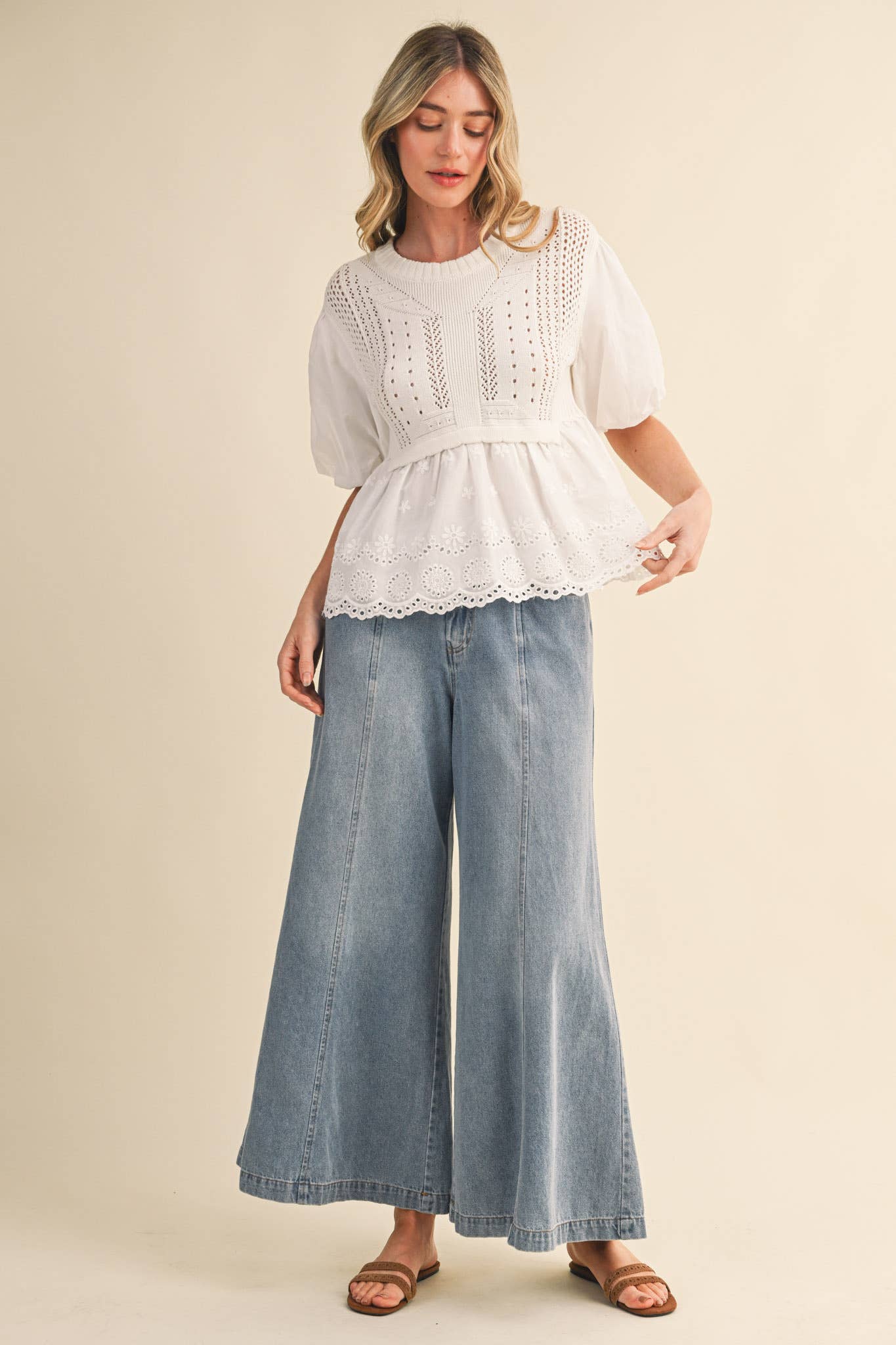 Pointelle Bubble Sleeve Sweater Top
