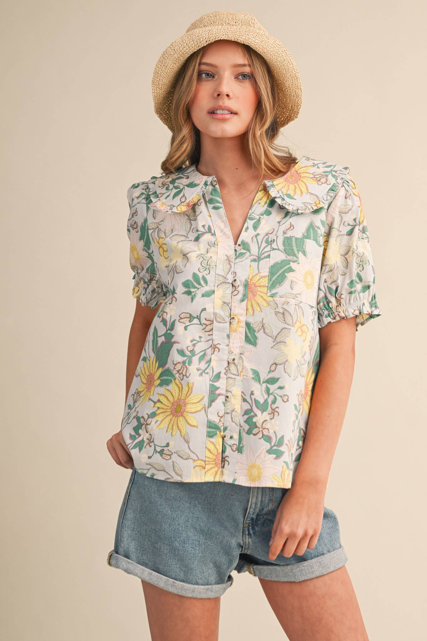 FLORAL PRINT DOLL COLLAR BUTTON DOWN