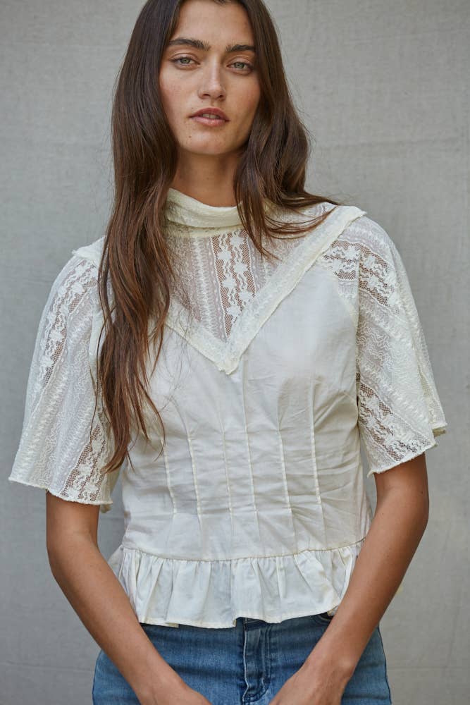 Woven Cotton Sheer Lace Mock Neck Short Sleeve Top