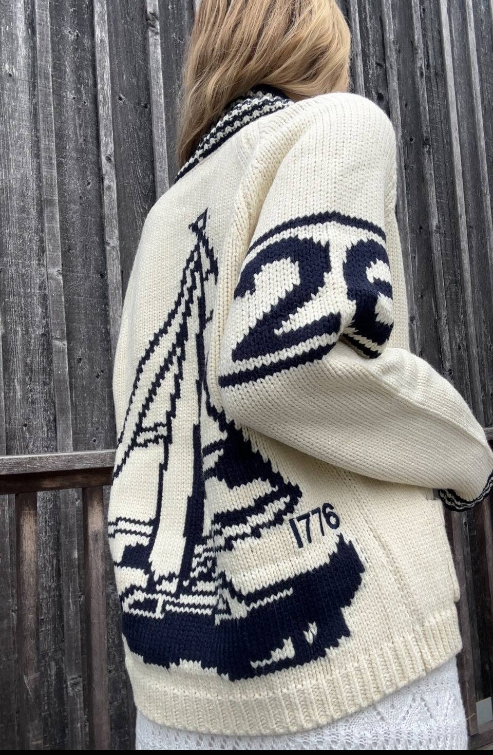 Sketchbook Sailboat Varsity Cardigan in Ivory