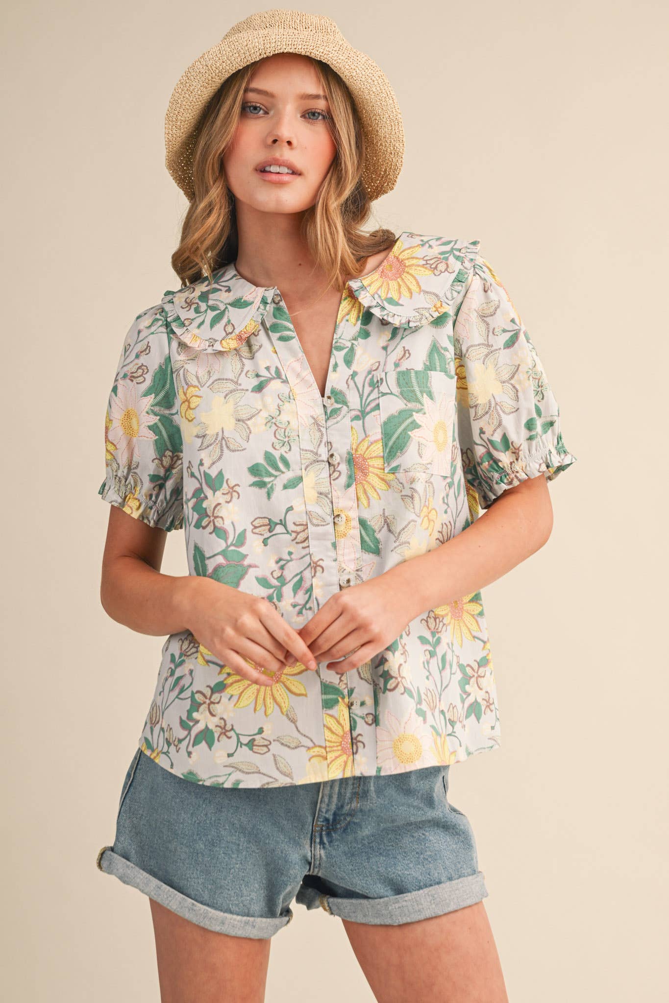 FLORAL PRINT DOLL COLLAR BUTTON DOWN