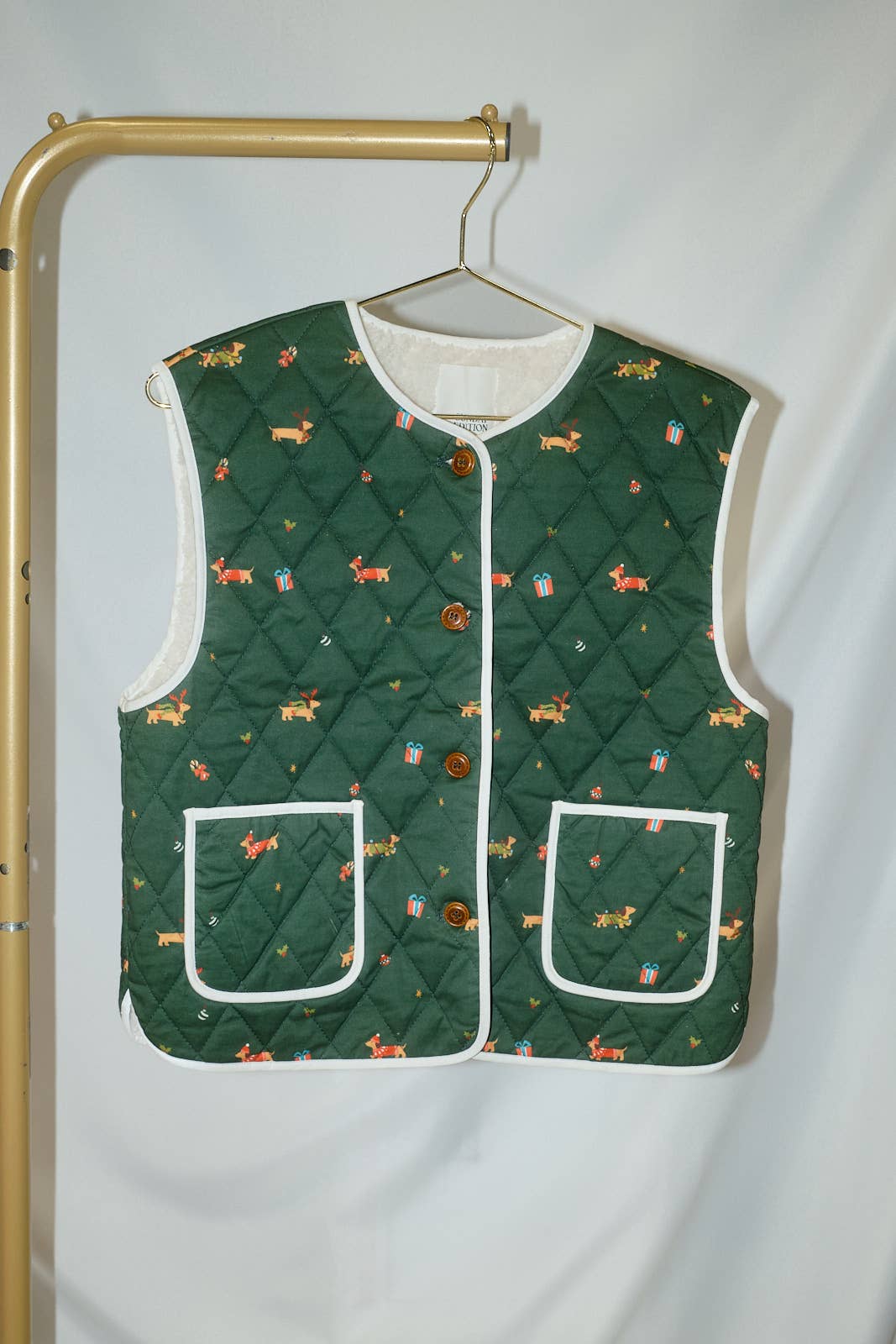 Christmas Dachshund Print Quilted Button Down Vest