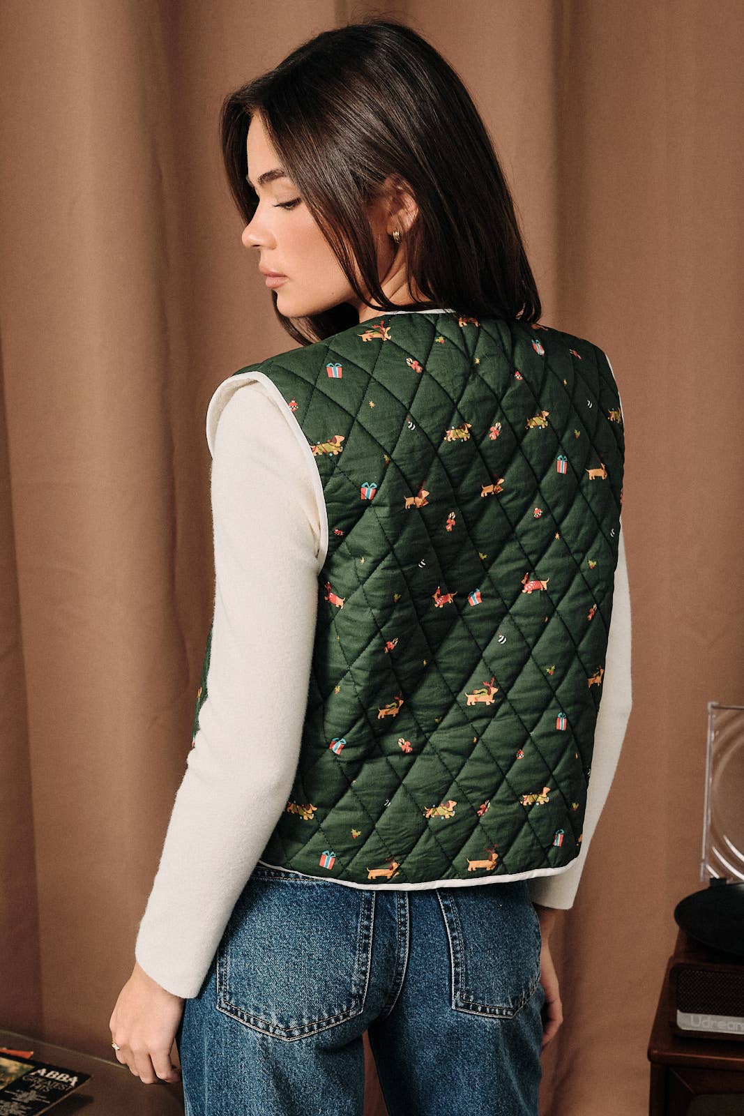Christmas Dachshund Print Quilted Button Down Vest