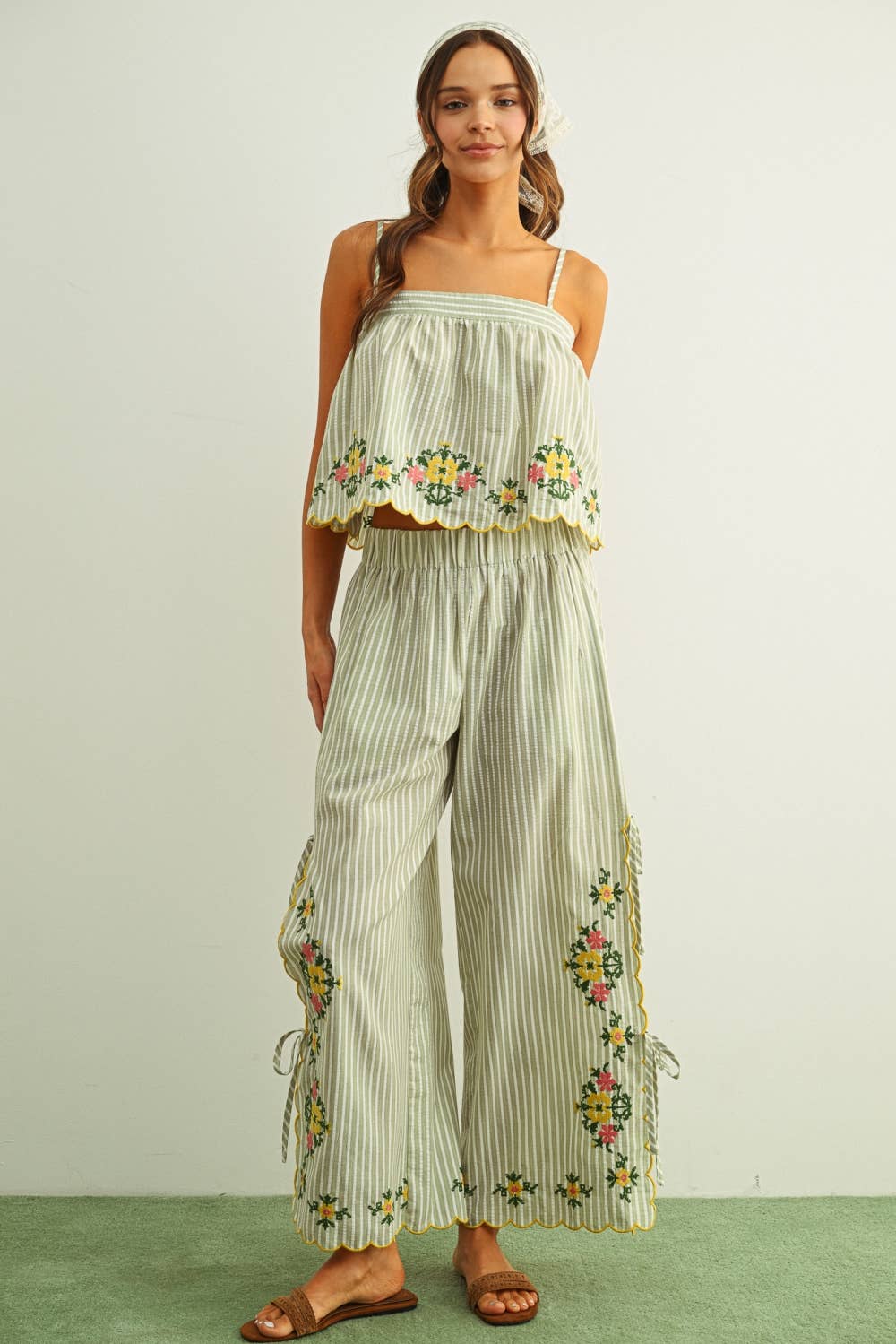 Striped Embroidered Floral Pants