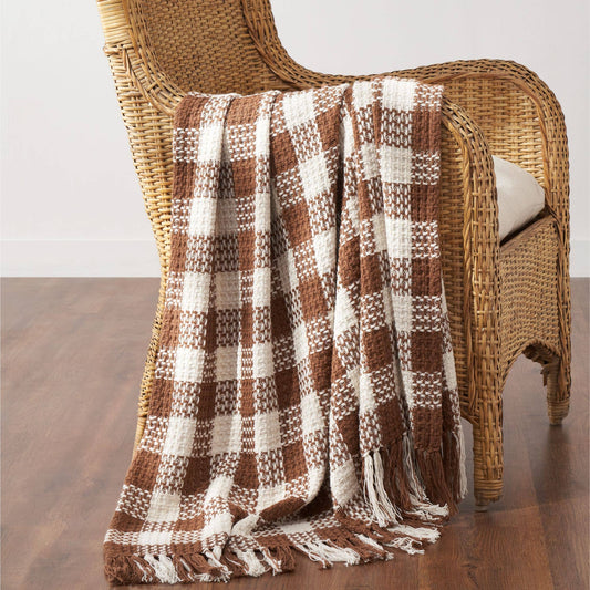 Amber Heritage Check Throw Blanket w/ Fringe Fall Decor