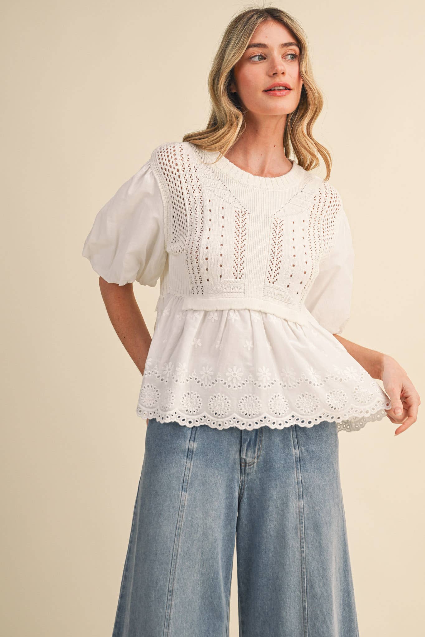 Pointelle Bubble Sleeve Sweater Top