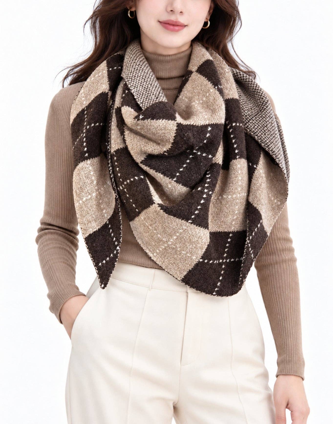Coffee Argyle Knit Triangle Scarf