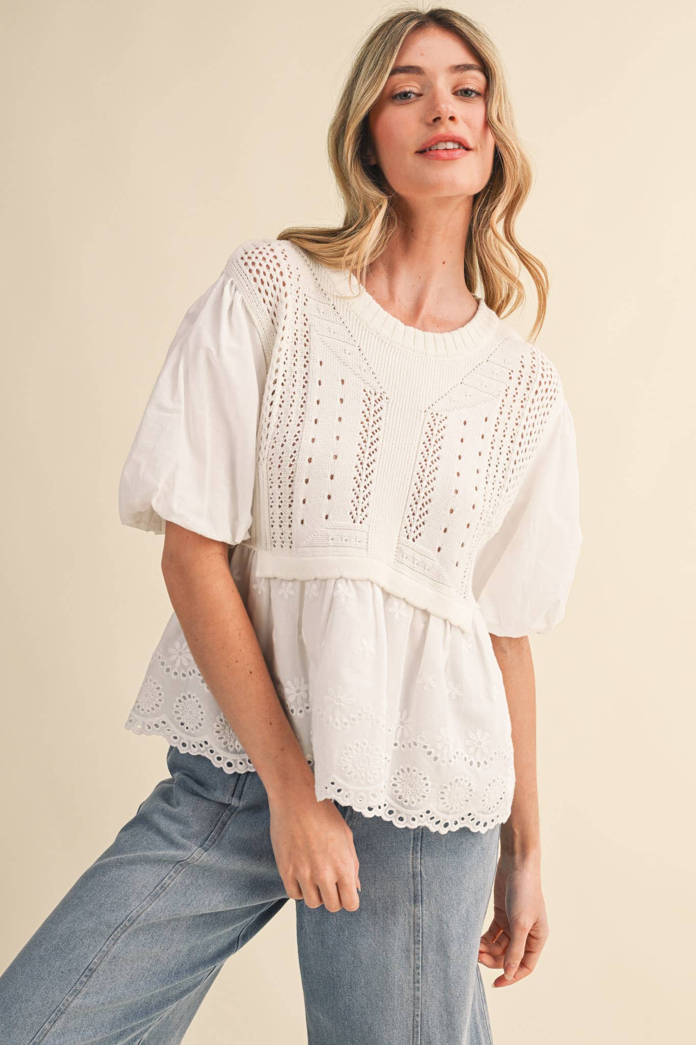 Pointelle Bubble Sleeve Sweater Top