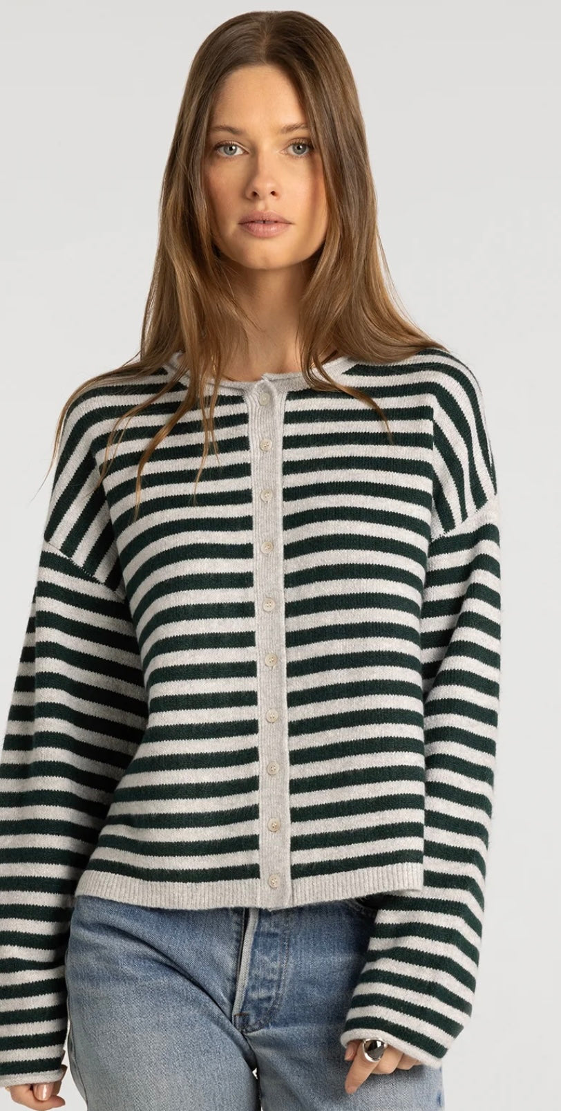 The Megan Cardigan-Grey Pine Stripe