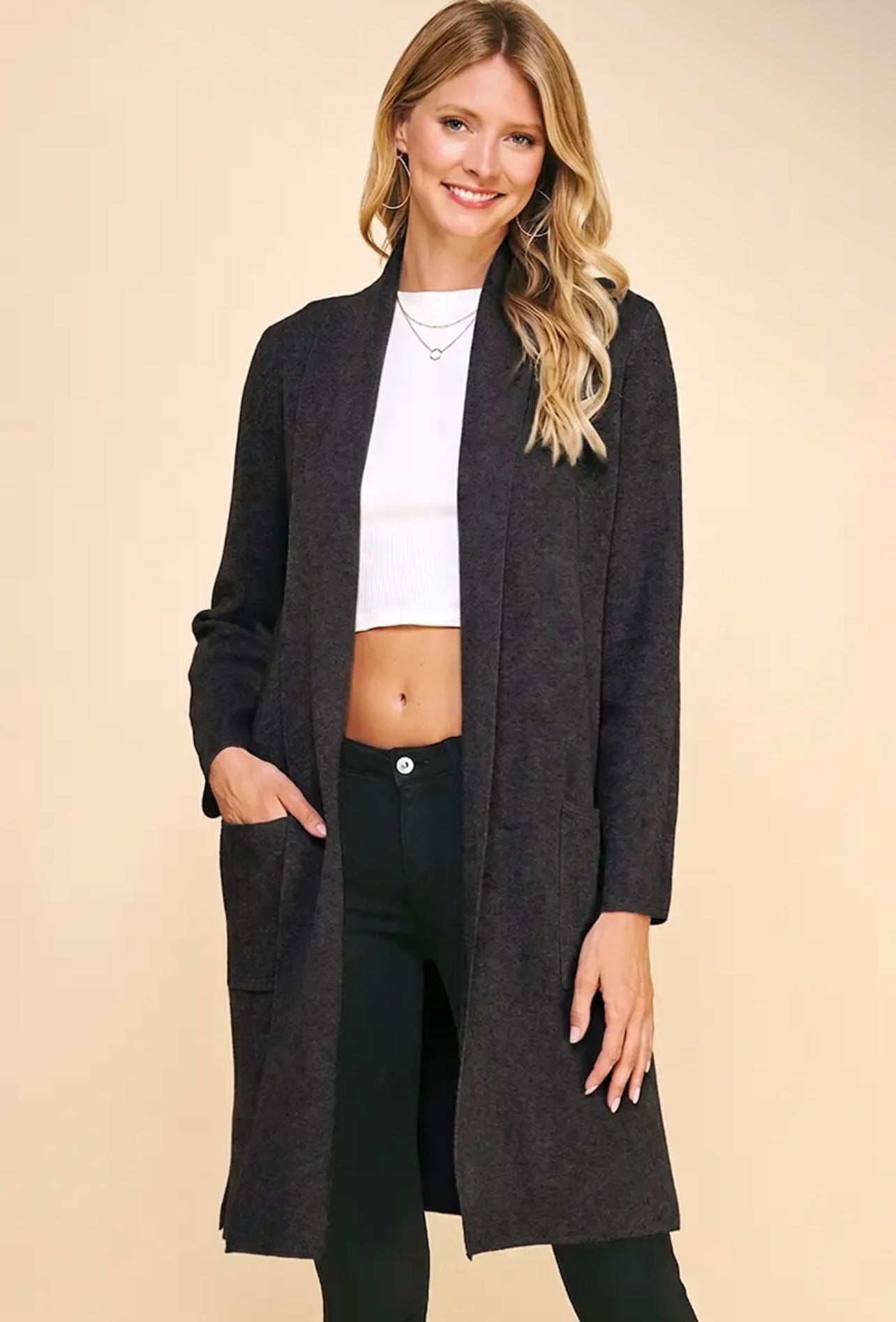 Cozy Open Knit Cardigan-Denim Black