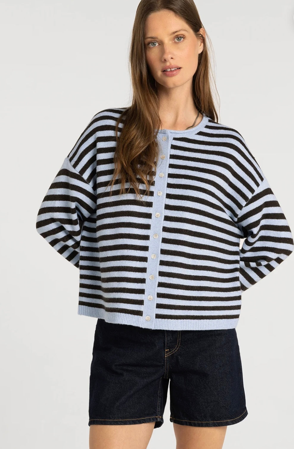 The Megan Cardigan-Brown Blue Stripe