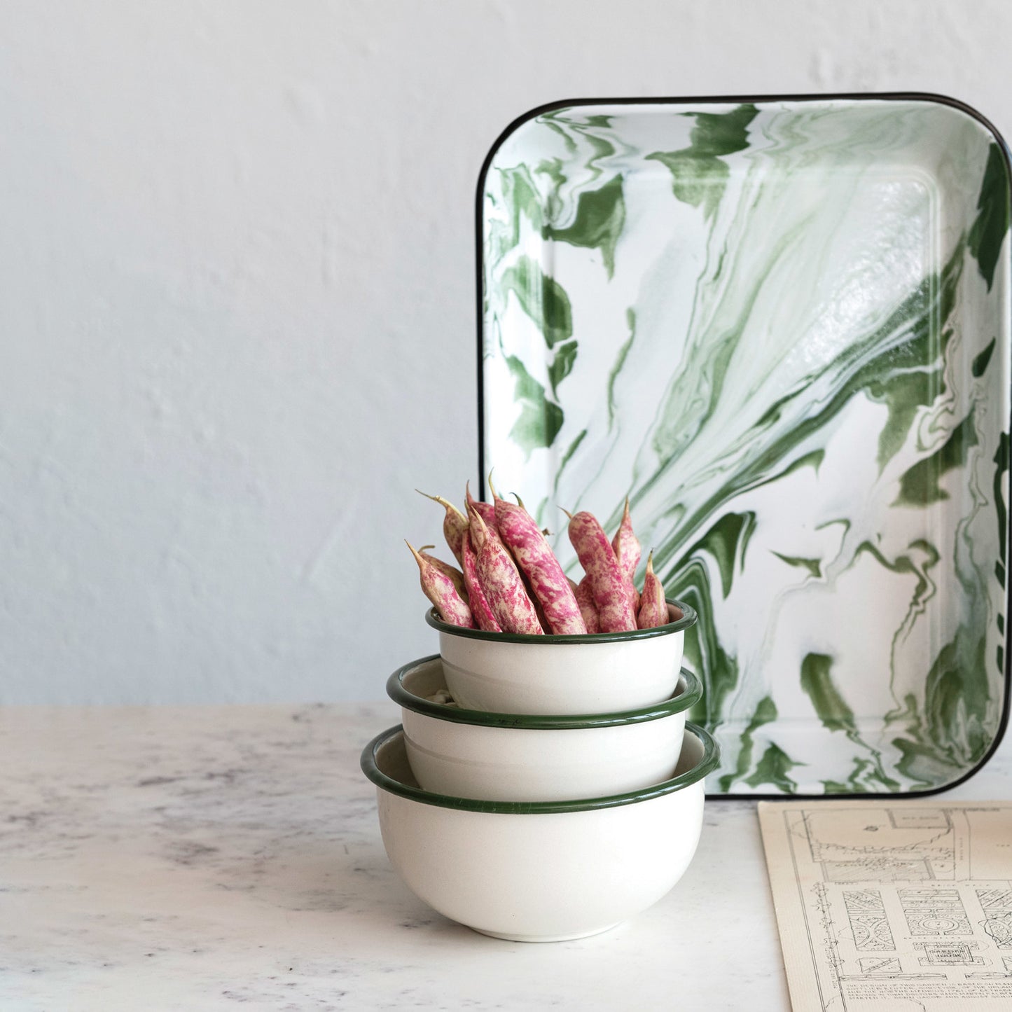 Green & White Enameled Bowls