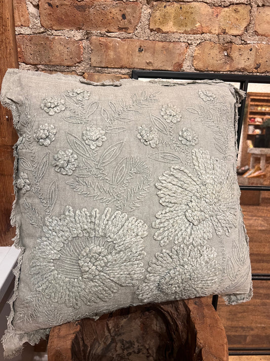 Embroidered Green Flower Pillow