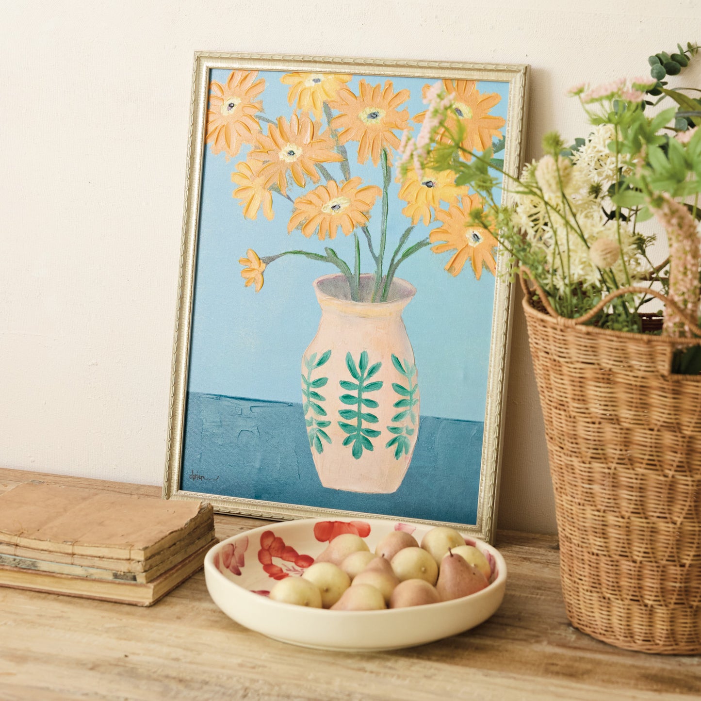 Composite Framed Canvas Wall Decor with Hand-Painted Flowers in Vase