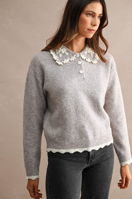 Embroidered Collar Knit Top