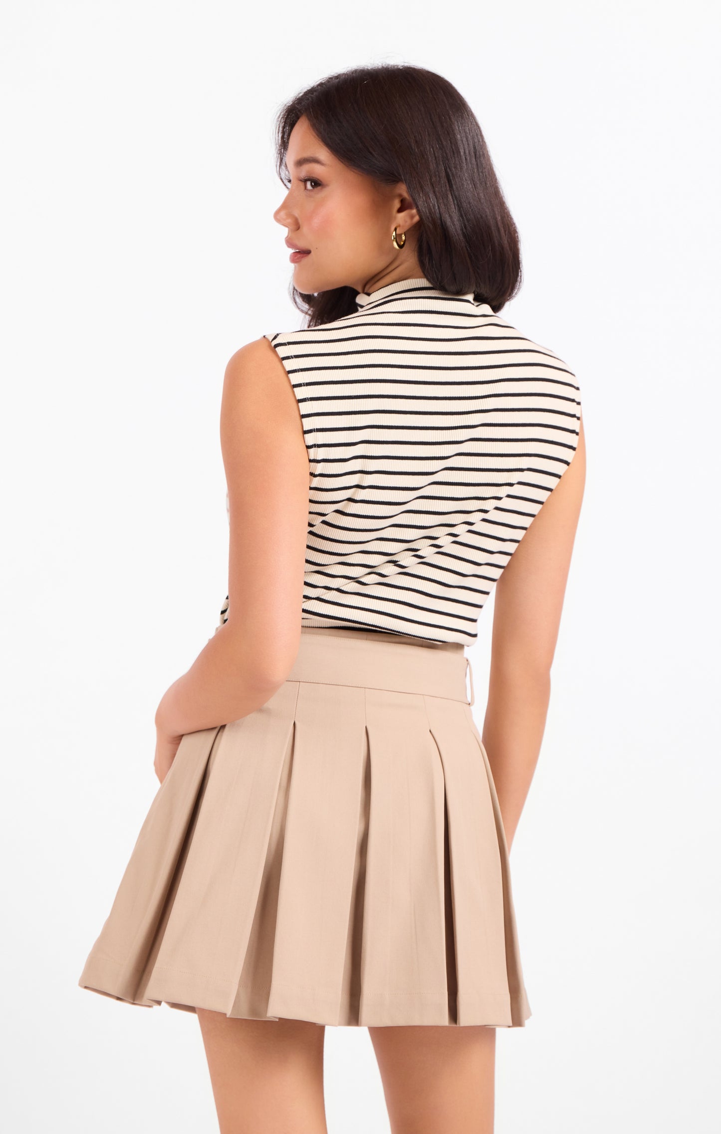 Cream & Black Stripe Boat Mock Neck Tank