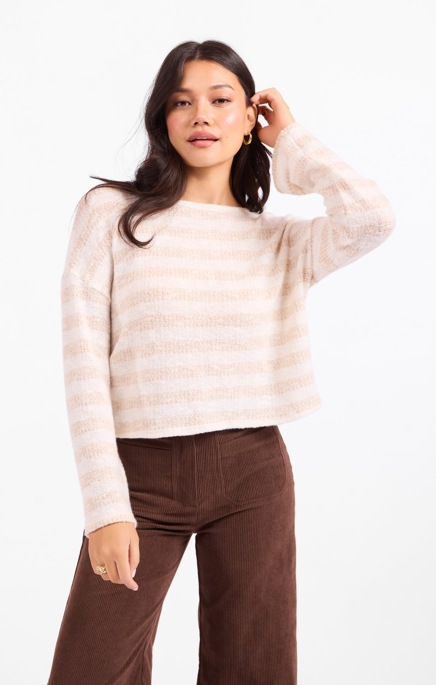 Brushed Cream Stripe Crewneck Top