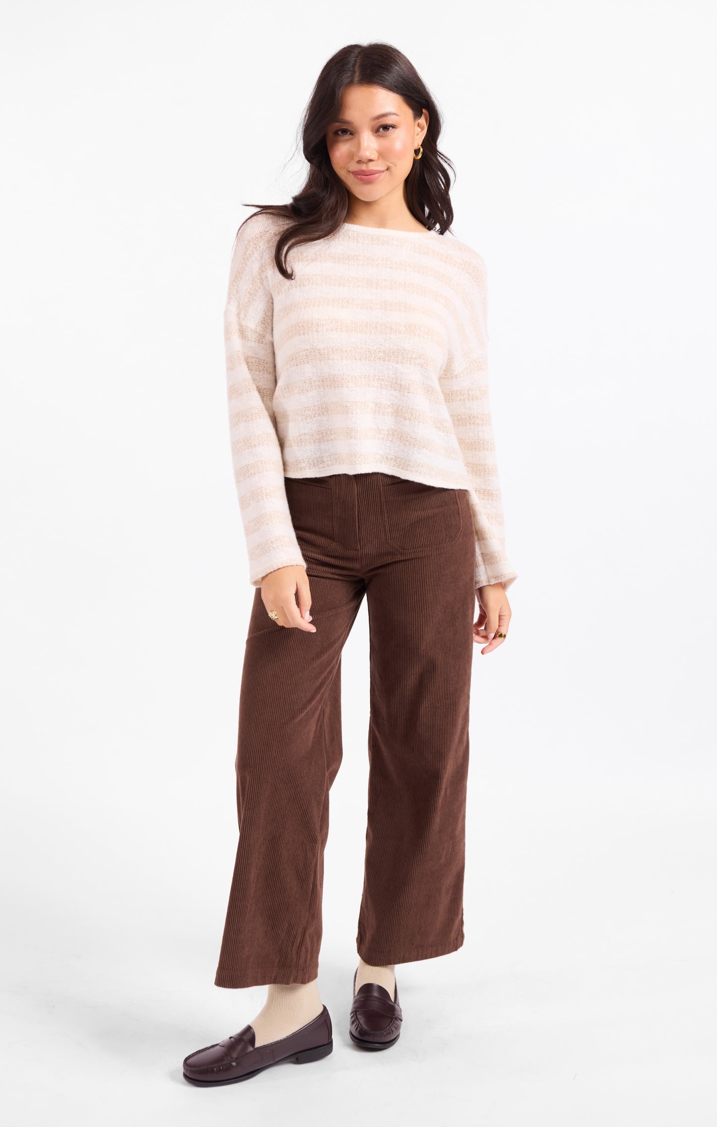 Brushed Cream Stripe Crewneck Top