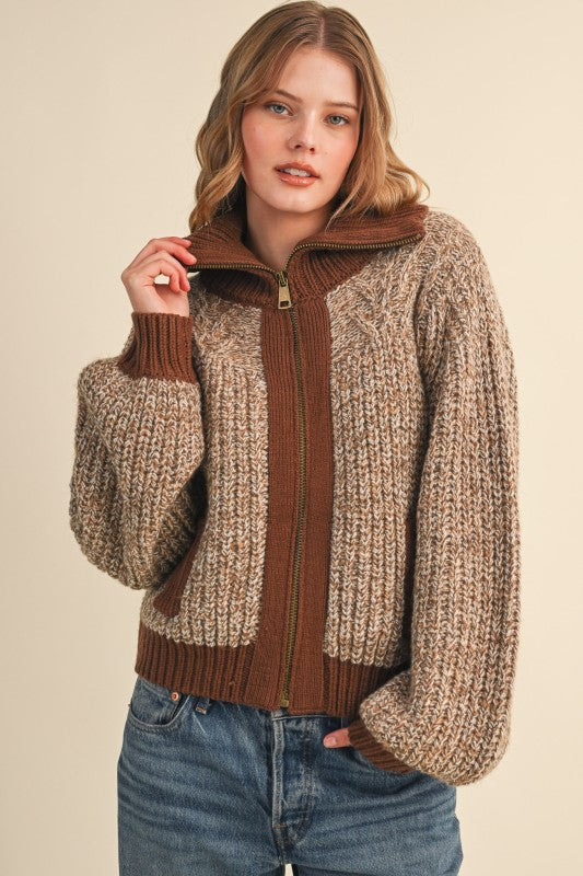 Mocha Contrast Zip Up Cardigan