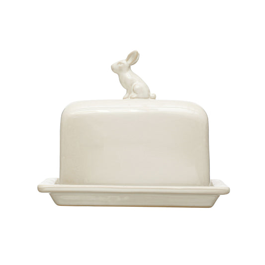 Rustic Stoneware Butter Dish with Rabbit Finial