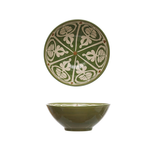 Green Hand-Painted Stoneware Bowl