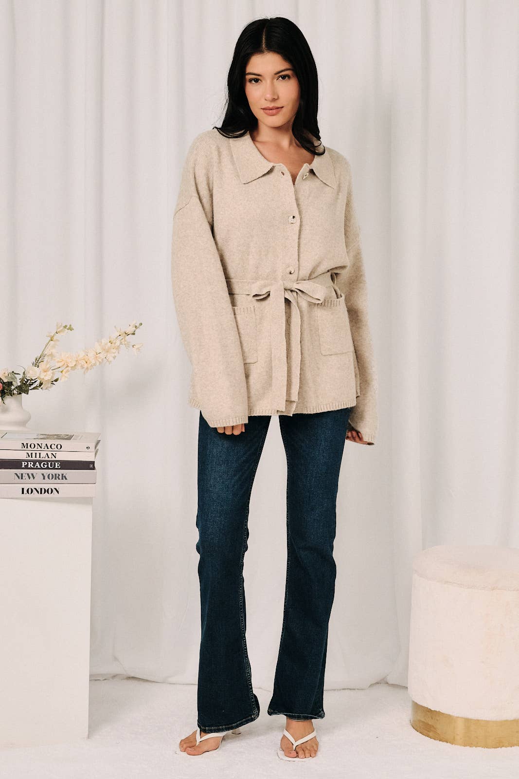 Open V-Neck Knit Sweater Cardigan