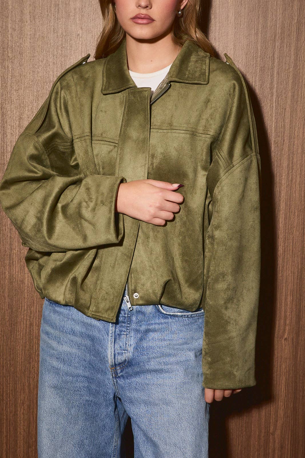 Oversized Suede Collared Zip Front Bomber Jacket