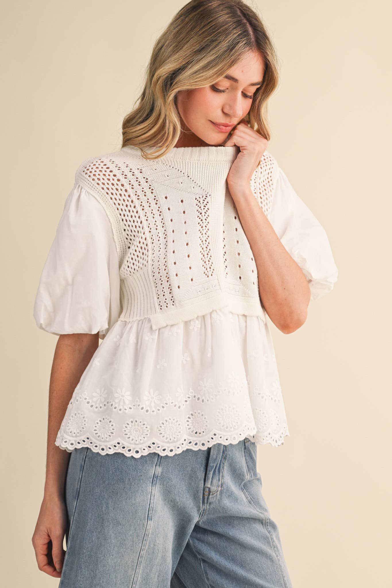 Pointelle Bubble Sleeve Sweater Top