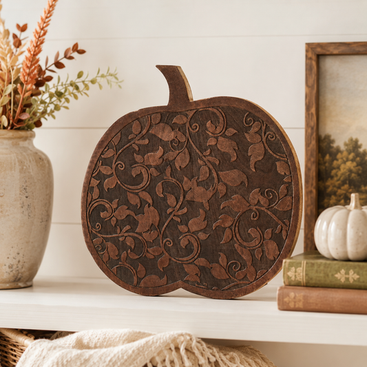Carved Wood Pumpkin Sitter
