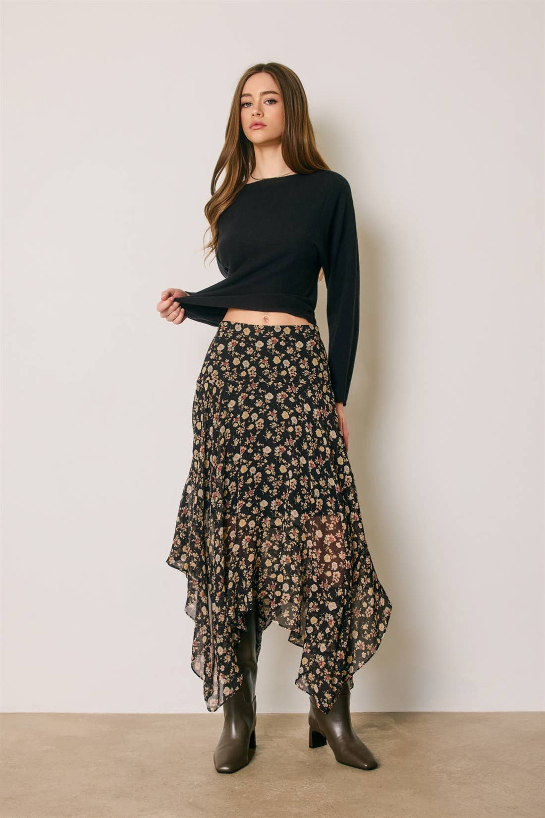 Floral Ruffled Handkerchief Hem Skirt