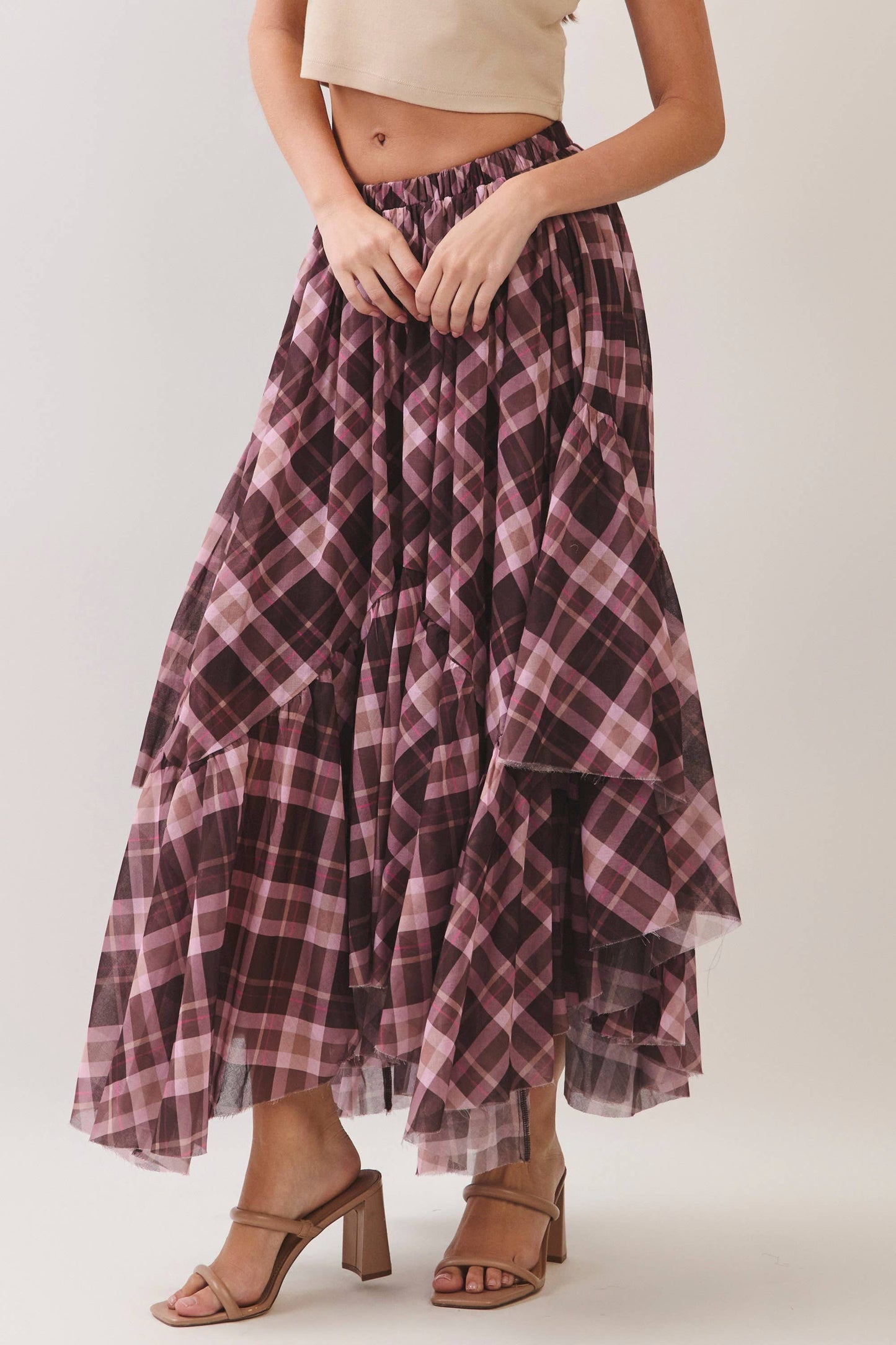 Plaid Asymmetrical Tiered Maxi Skirt