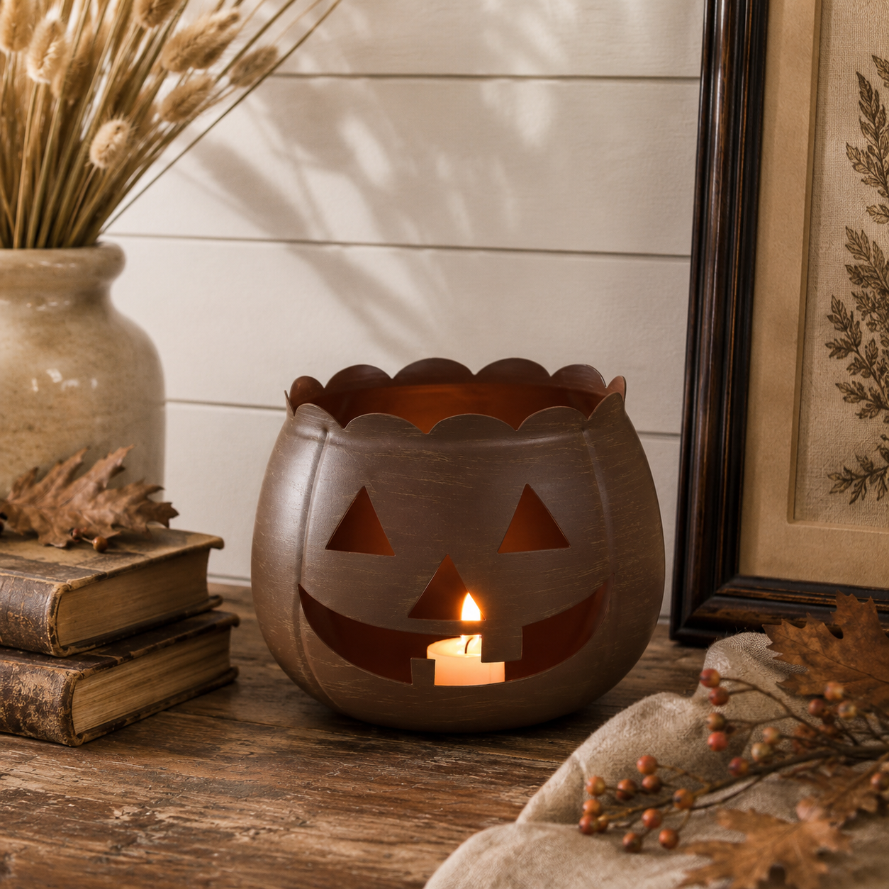 Bronze Metal Jack-O'-Lantern Tealight Holder