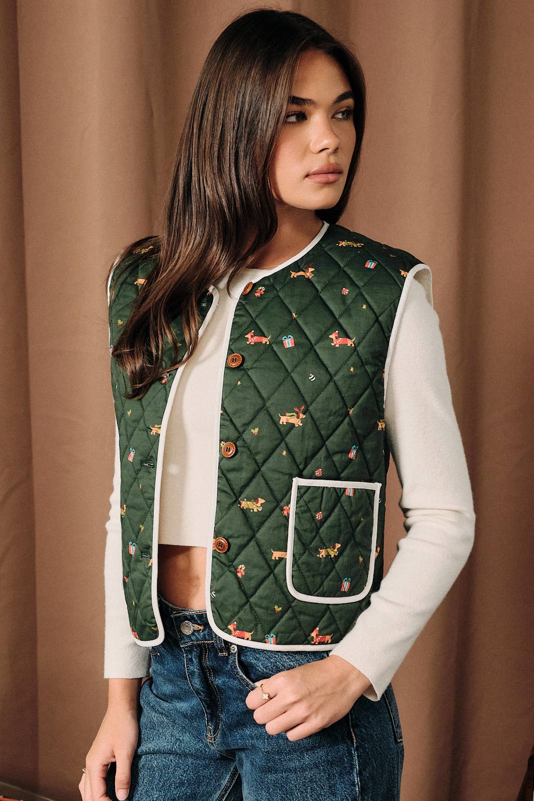 Christmas Dachshund Print Quilted Button Down Vest