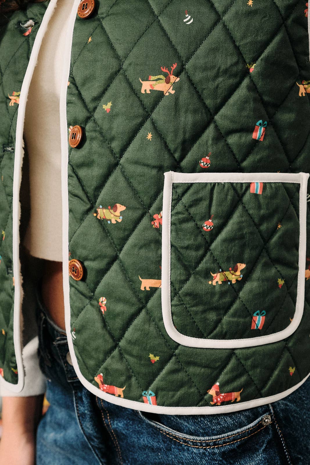 Christmas Dachshund Print Quilted Button Down Vest