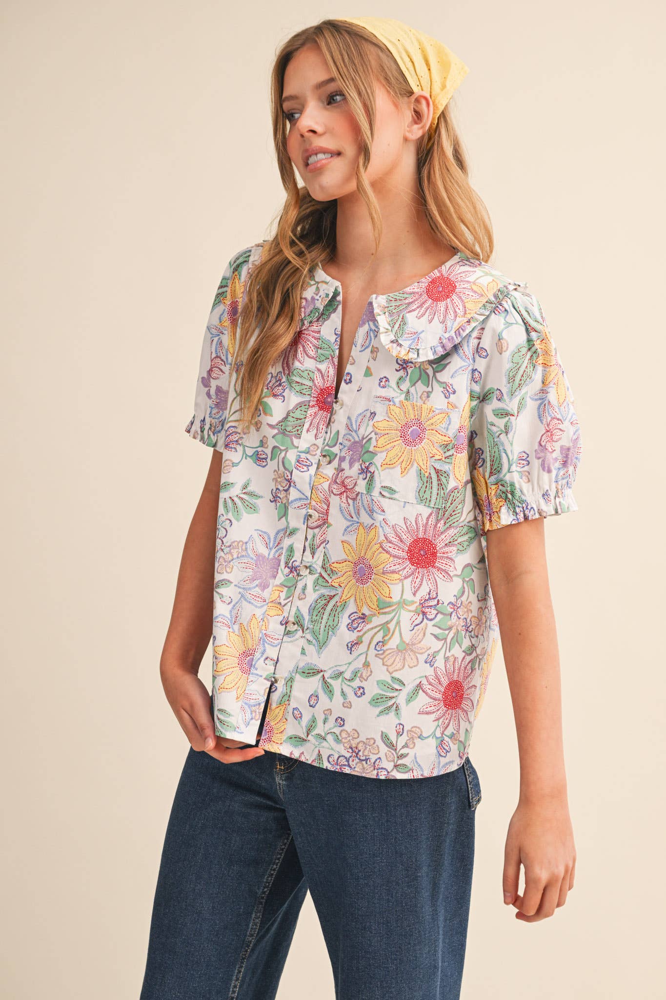 FLORAL PRINT DOLL COLLAR BUTTON DOWN
