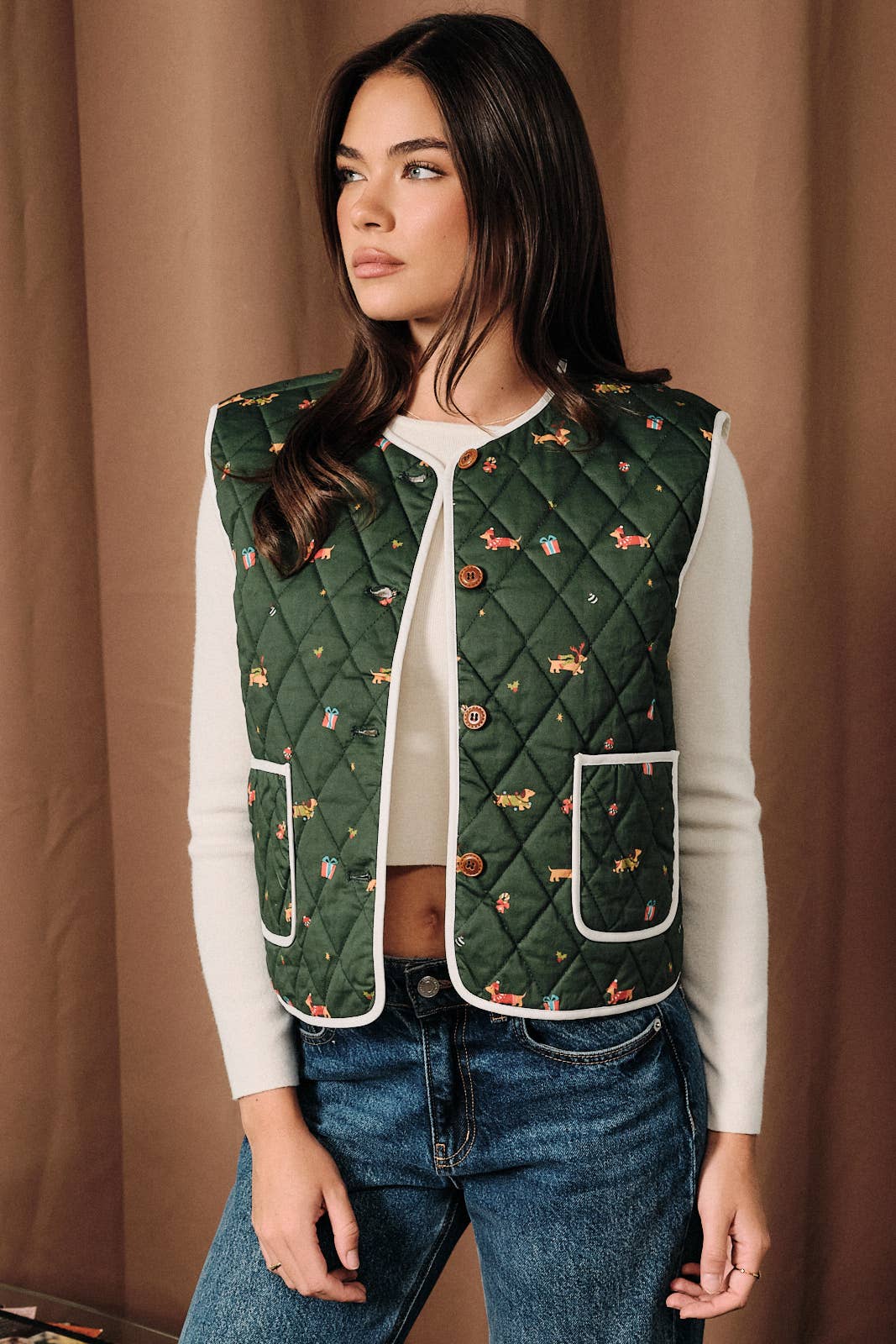 Christmas Dachshund Print Quilted Button Down Vest