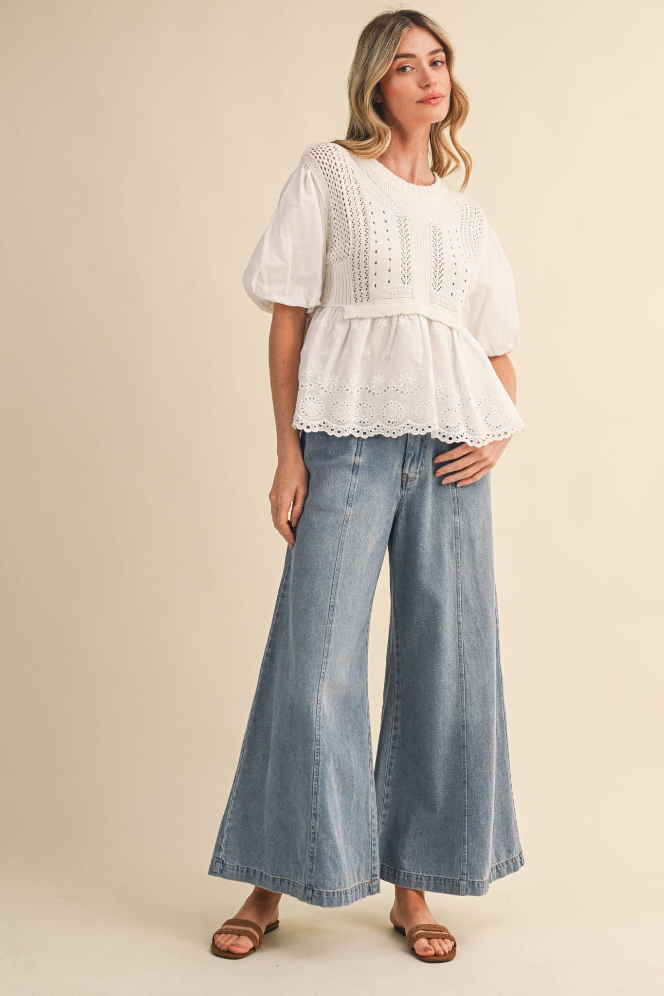 Pointelle Bubble Sleeve Sweater Top