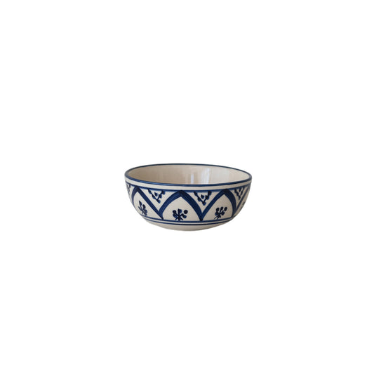 Hand-Painted Stoneware Bowl with Pattern, Cream Color & Blue