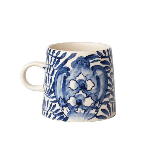 10 oz. Hand-Painted Stoneware Mug with Design, Cream Color & Blue