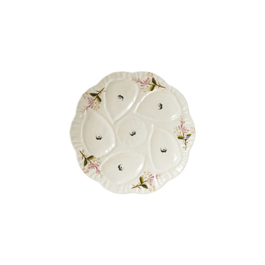 Stoneware Vintage Reproduction Scalloped Oyster Plate w/ Flowers