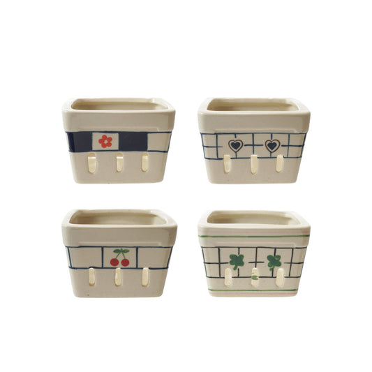 Hand-Painted Stoneware Berry Basket w/ Pattern, 4 Styles