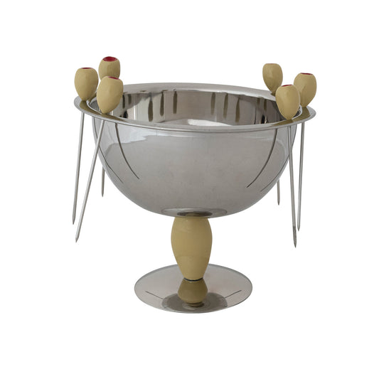 Enameled Stainless Steel Footed Bowl with (6) Olive Shaped Appetizer Picks on Rim, Set of 7