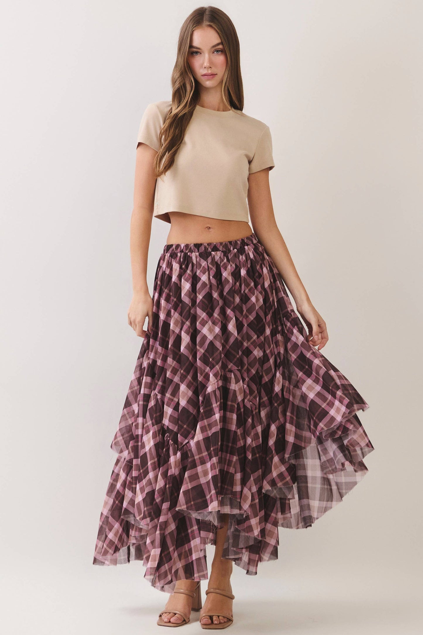Plaid Asymmetrical Tiered Maxi Skirt