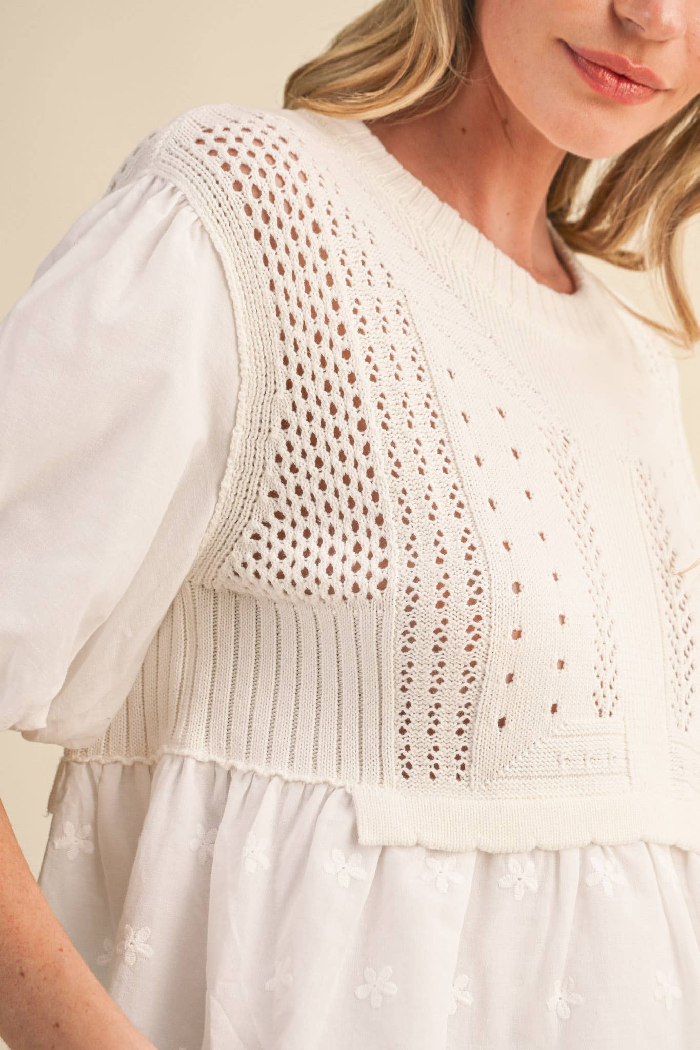 Pointelle Bubble Sleeve Sweater Top