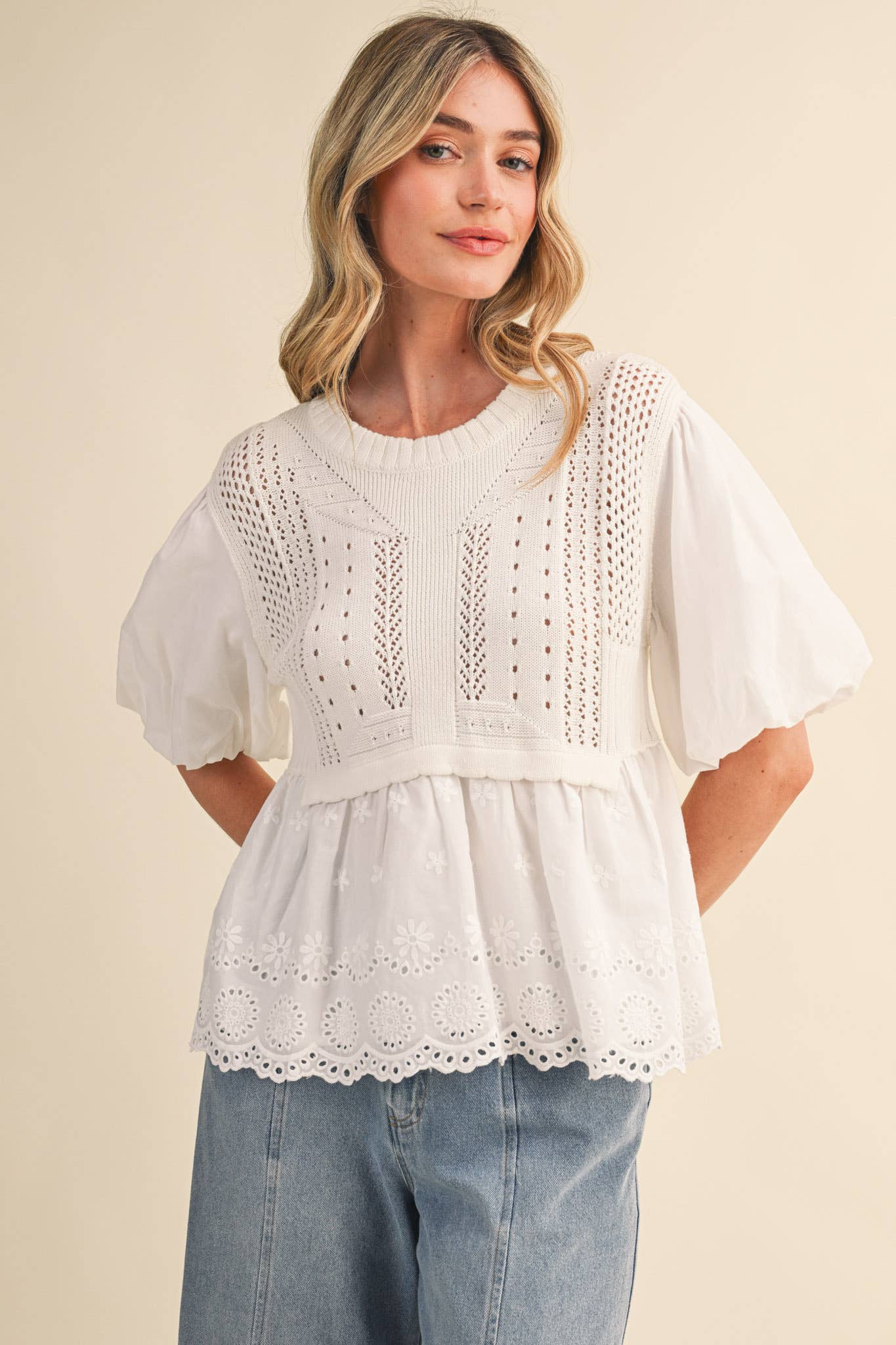 Pointelle Bubble Sleeve Sweater Top