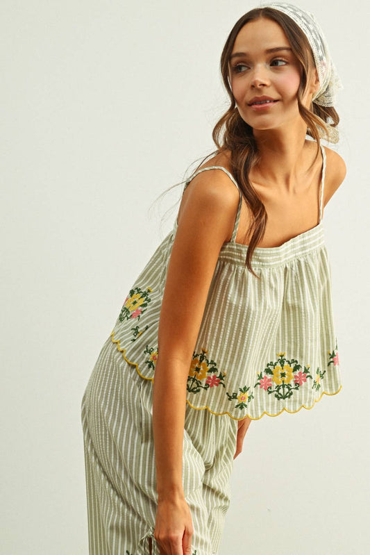 Striped Floral Embroidered Top