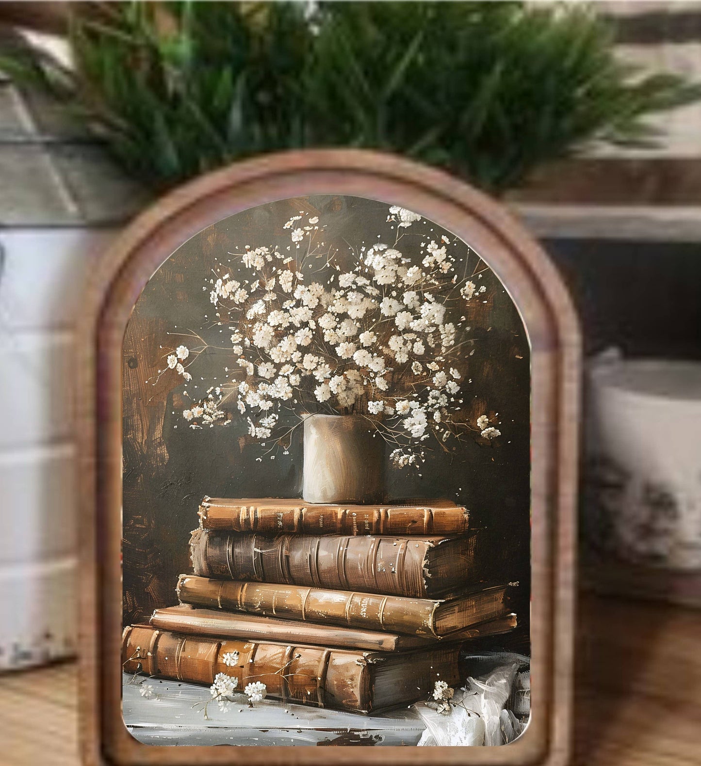 Arch Top Books With Flowers Framed Art