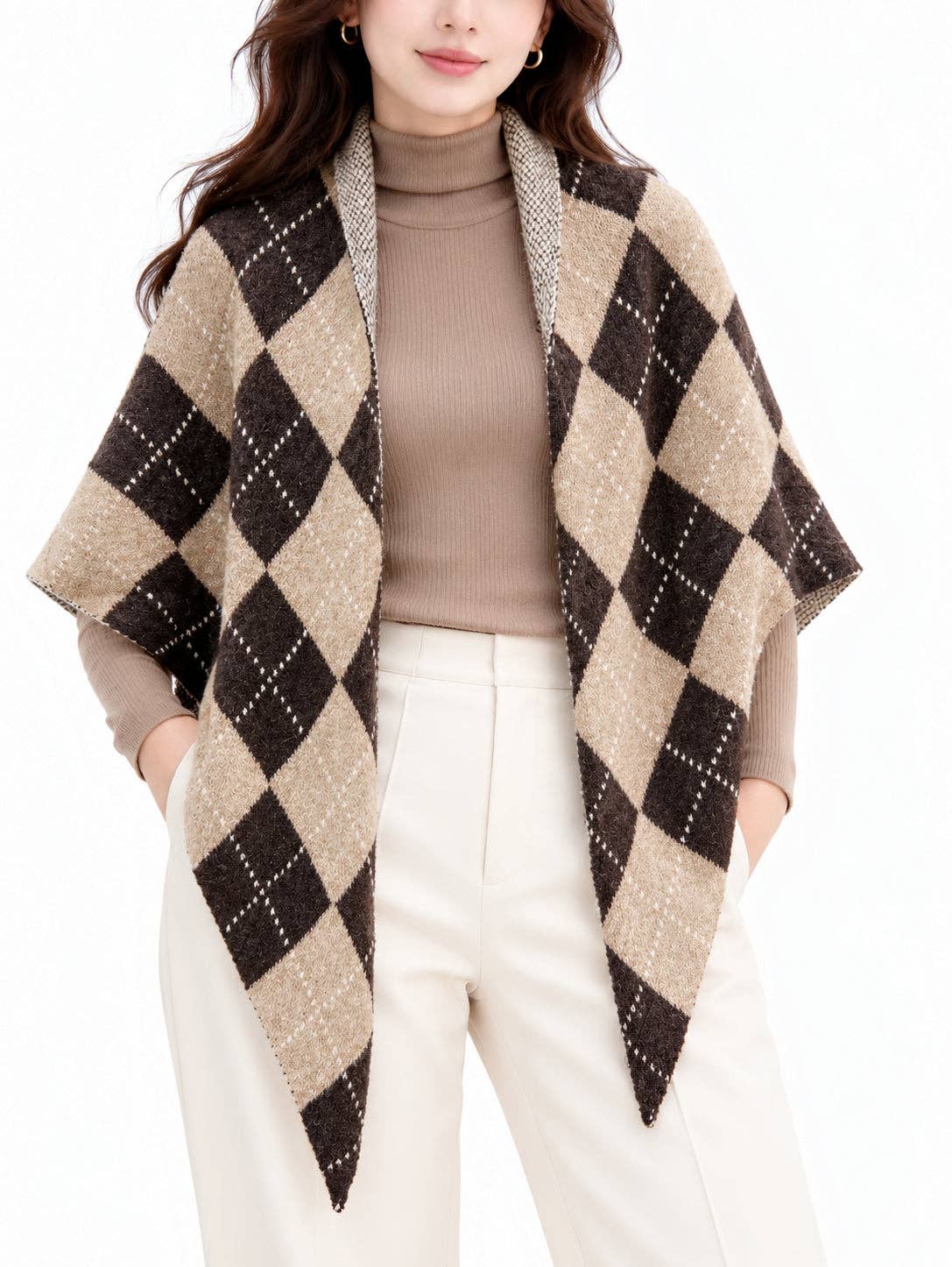 Coffee Argyle Knit Triangle Scarf