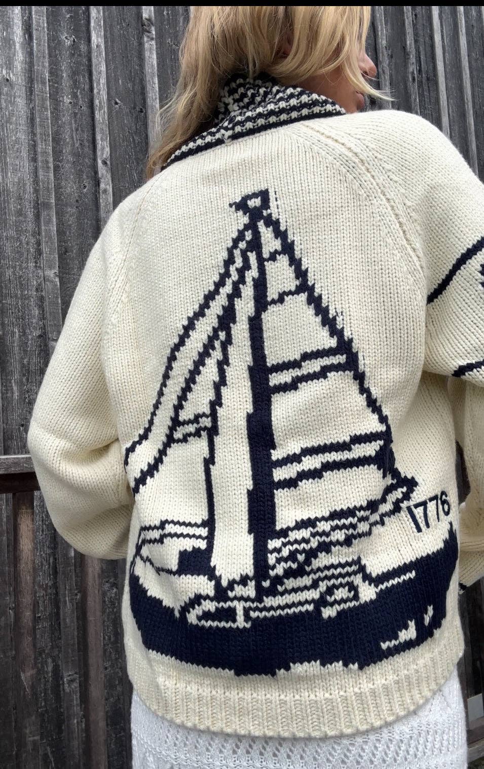 Sketchbook Sailboat Varsity Cardigan in Ivory