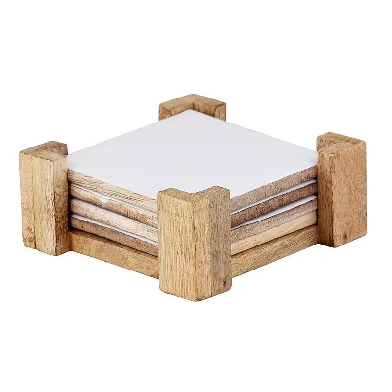 White Coasters with Wood Holder